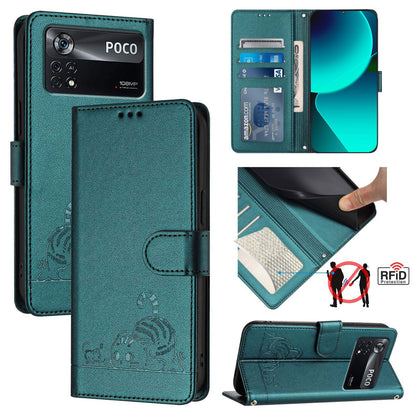 Xiaomi POCO X4 Pro 5G Leather Phone Case with Cat and Rat Embossed Pattern, RFID Protection, Card Holder Slots, Anti-fall Feature & Lanyard