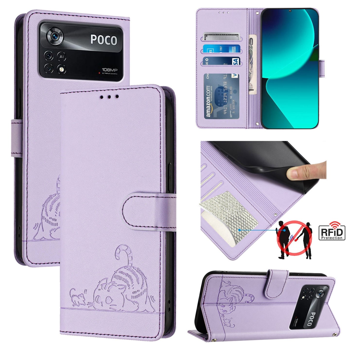 Xiaomi POCO X4 Pro 5G Leather Phone Case with Cat and Rat Embossed Pattern, RFID Protection, Card Holder Slots, Anti-fall Feature & Lanyard