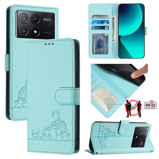 Xiaomi Redmi K70e Leather Phone Case with Cat and Rat Embossed Pattern, RFID Protection, Card Holder Slots, Anti-fall Feature & Lanyard