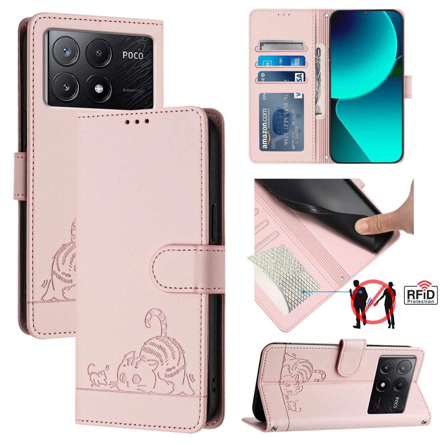 Xiaomi POCO X6 Pro 5G Leather Phone Case with Cat and Rat Embossed Pattern, RFID Protection, Card Holder Slots, Anti-fall Feature & Lanyard