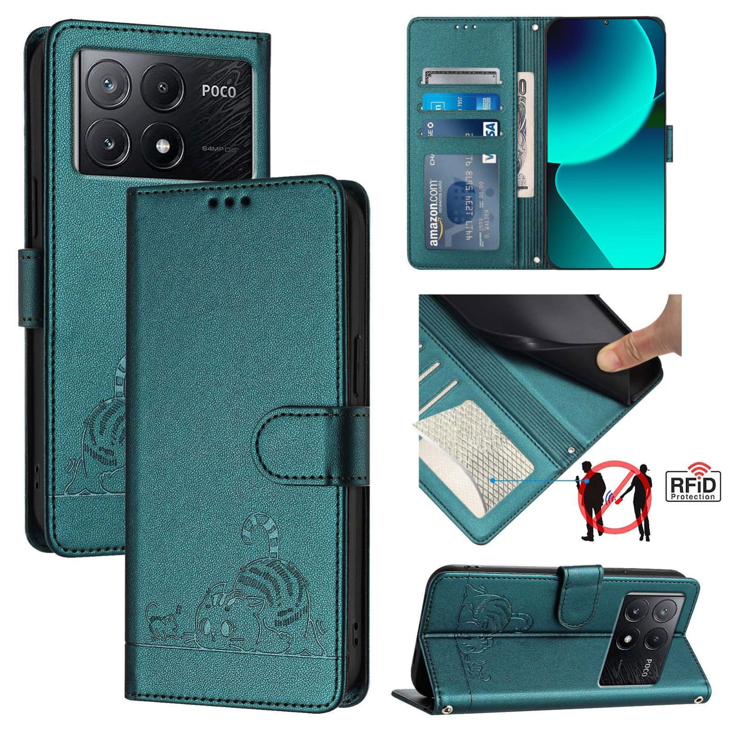 Xiaomi Redmi K70e Leather Phone Case with Cat and Rat Embossed Pattern, RFID Protection, Card Holder Slots, Anti-fall Feature & Lanyard