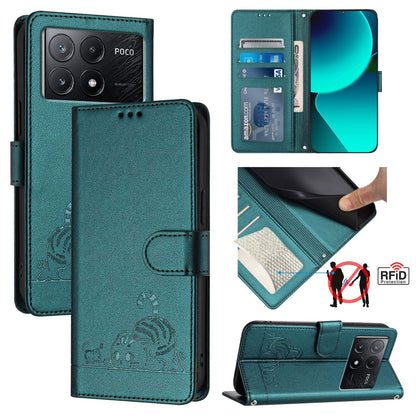 Xiaomi Redmi K70e Leather Phone Case with Cat and Rat Embossed Pattern, RFID Protection, Card Holder Slots, Anti-fall Feature & Lanyard