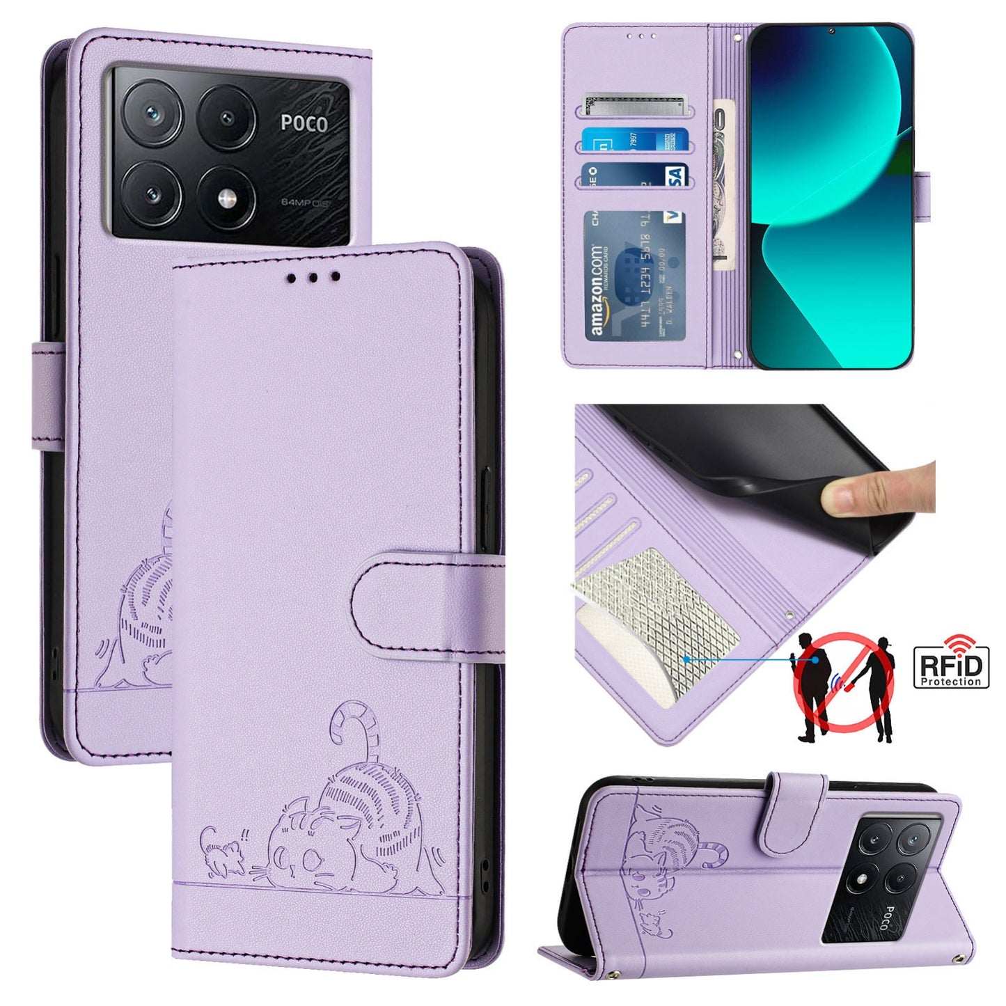 Xiaomi Redmi K70e Leather Phone Case with Cat and Rat Embossed Pattern, RFID Protection, Card Holder Slots, Anti-fall Feature & Lanyard