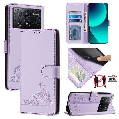 Xiaomi Redmi K70e Leather Phone Case with Cat and Rat Embossed Pattern, RFID Protection, Card Holder Slots, Anti-fall Feature & Lanyard