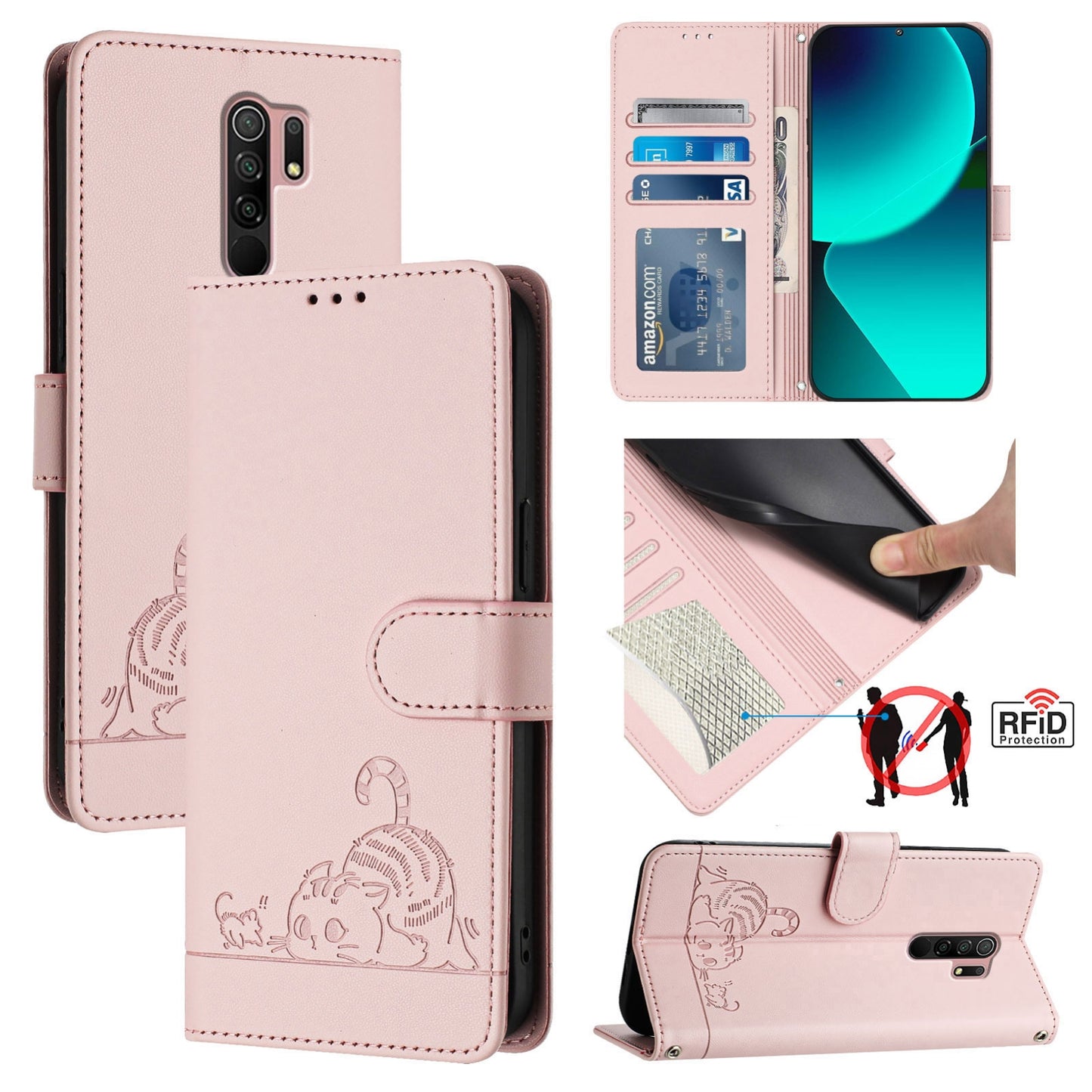 Xiaomi Redmi 9 Leather Phone Case with Cat and Rat Embossed Pattern, RFID Protection, Card Holder Slots, Anti-fall Feature & Lanyard