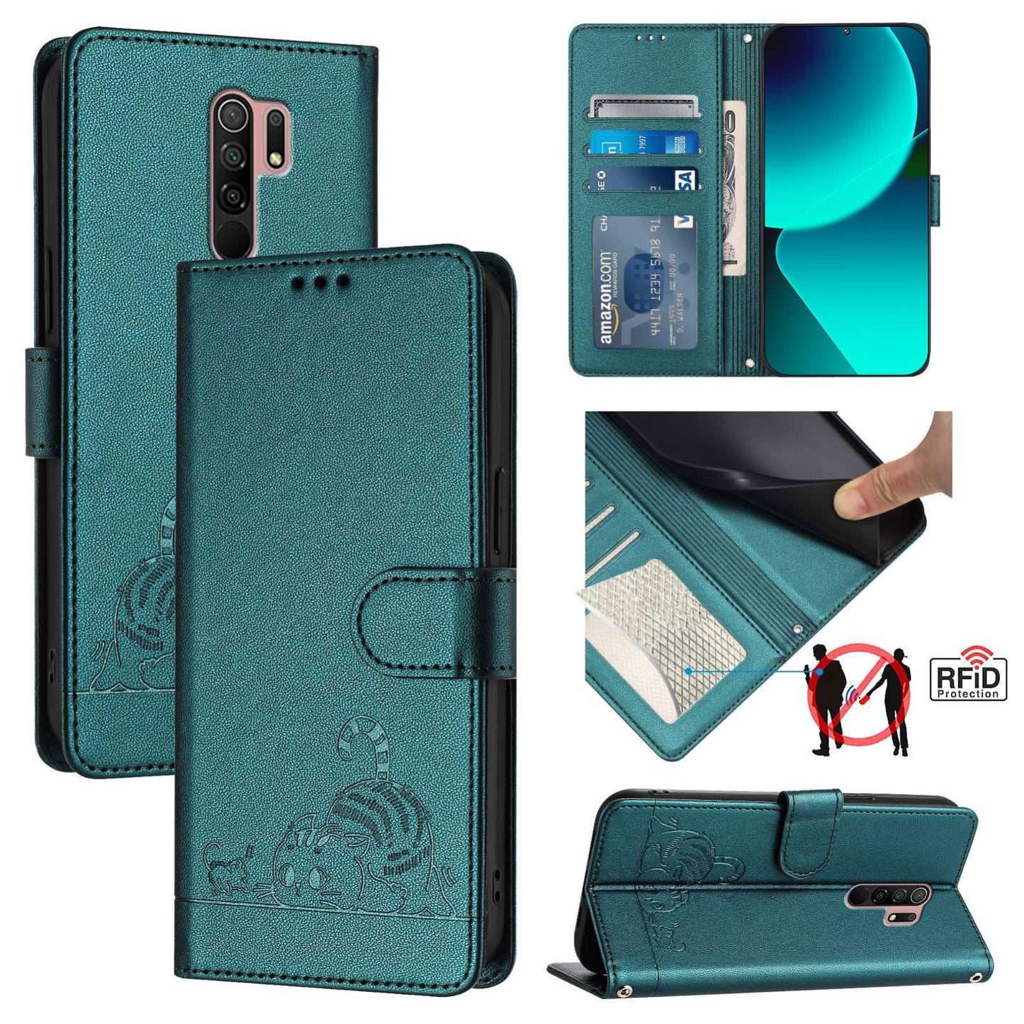 Xiaomi Redmi 9 Leather Phone Case with Cat and Rat Embossed Pattern, RFID Protection, Card Holder Slots, Anti-fall Feature & Lanyard