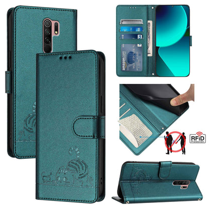 Xiaomi Redmi 9 Leather Phone Case with Cat and Rat Embossed Pattern, RFID Protection, Card Holder Slots, Anti-fall Feature & Lanyard