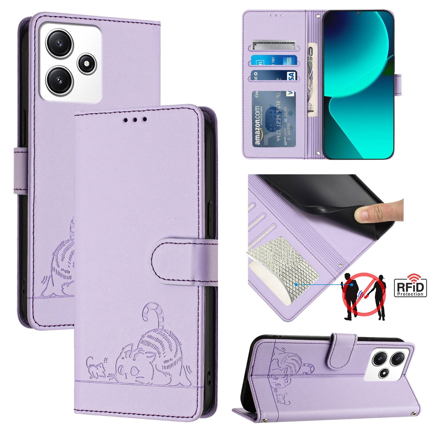 Xiaomi Redmi 12 4G Global Leather Phone Case with Cat and Rat Embossed Pattern, RFID Protection, Card Holder Slots, Anti-fall Feature & Lanyard