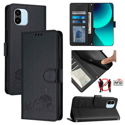 Xiaomi Redmi A2 4G Leather Phone Case with Cat and Rat Embossed Pattern, RFID Protection, Card Holder Slots, Anti-fall Feature & Lanyard