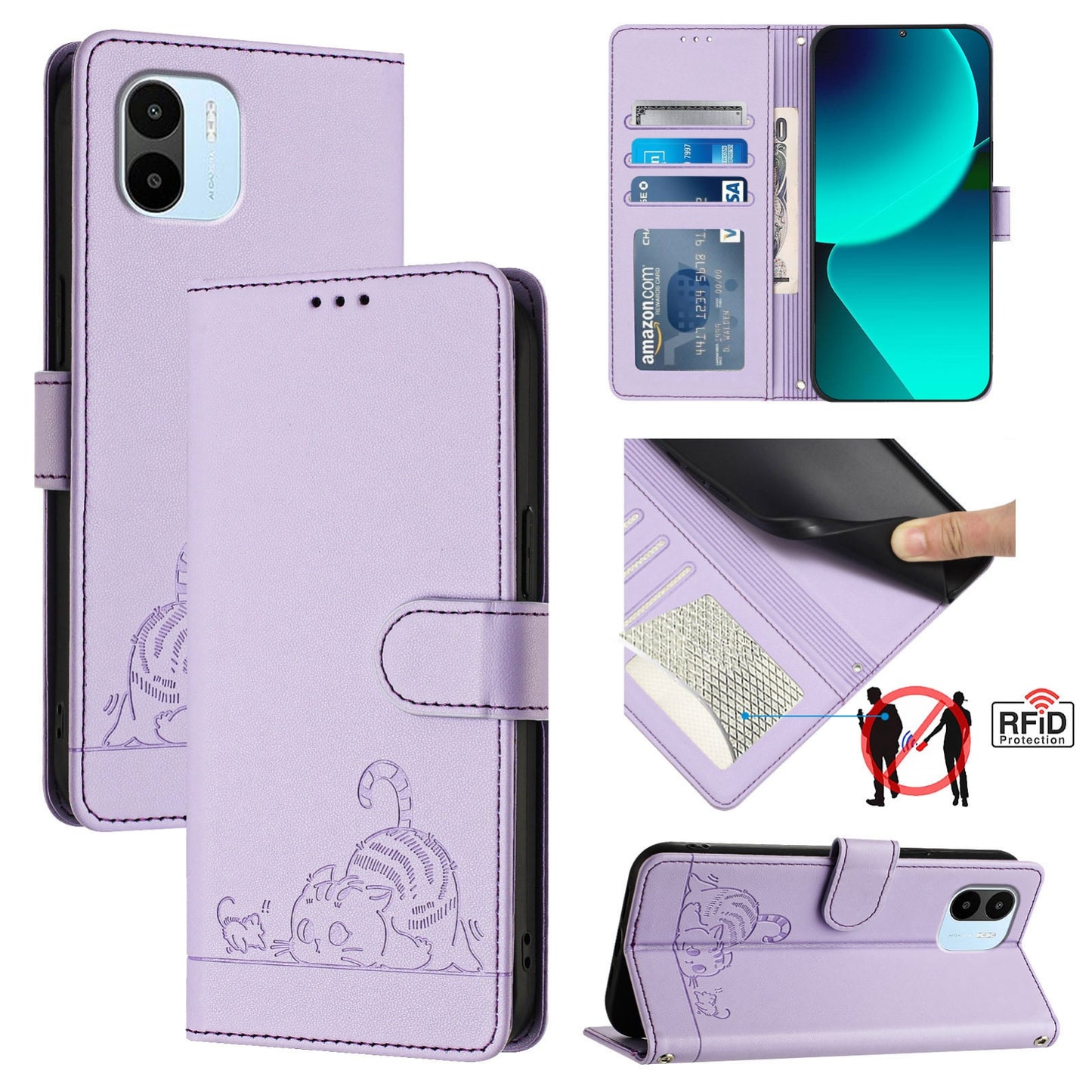 Xiaomi Redmi A2 4G Leather Phone Case with Cat and Rat Embossed Pattern, RFID Protection, Card Holder Slots, Anti-fall Feature & Lanyard