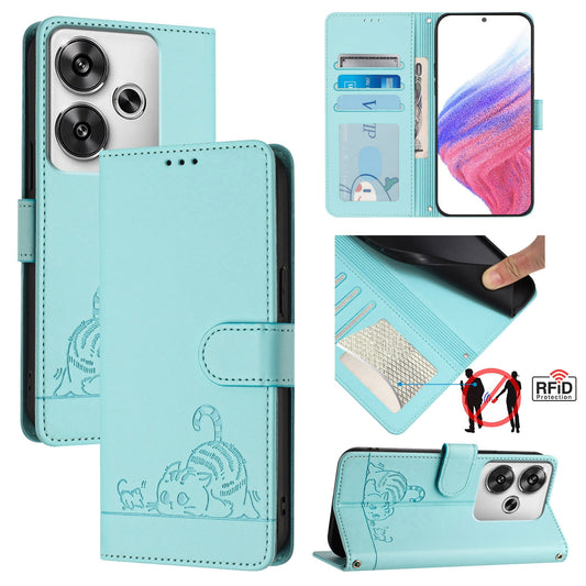 Xiaomi POCO F6 5G Leather Phone Case with Cat and Rat Embossed Pattern, RFID Protection, Card Holder Slots, Anti-fall Feature & Lanyard