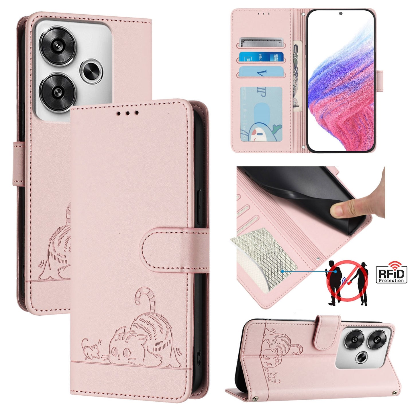 Xiaomi POCO F6 5G Leather Phone Case with Cat and Rat Embossed Pattern, RFID Protection, Card Holder Slots, Anti-fall Feature & Lanyard