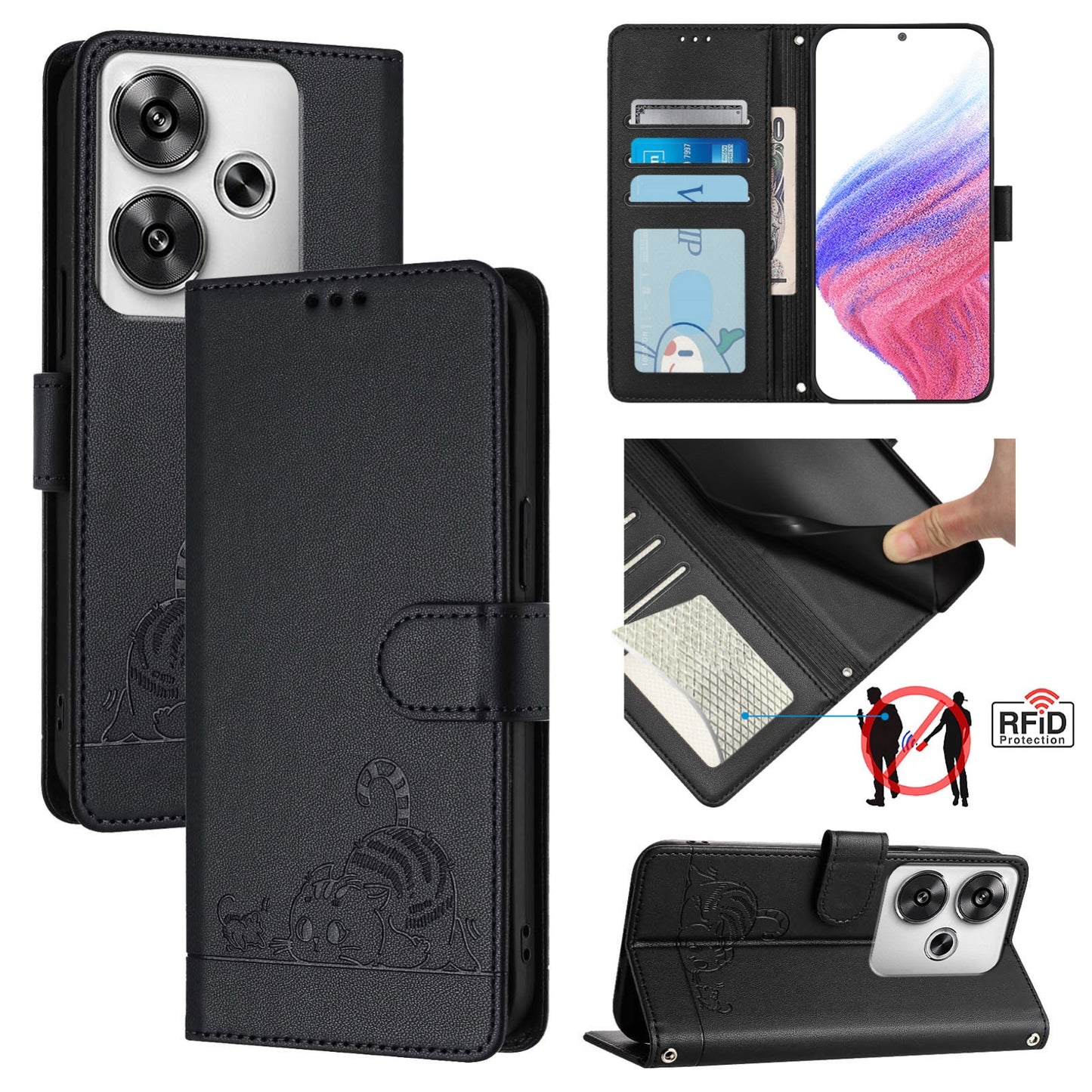 Xiaomi POCO F6 5G Leather Phone Case with Cat and Rat Embossed Pattern, RFID Protection, Card Holder Slots, Anti-fall Feature & Lanyard