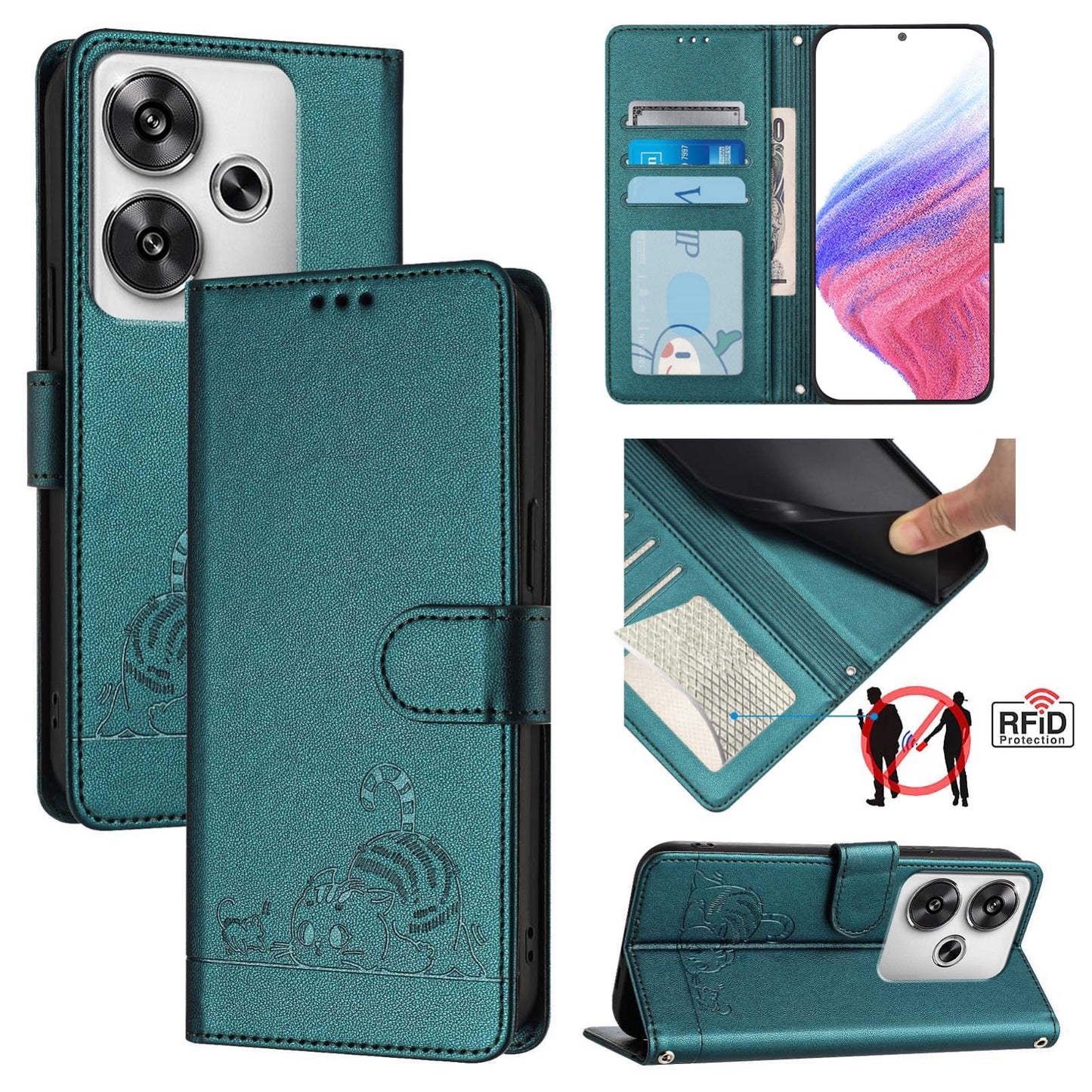 Xiaomi POCO F6 5G Leather Phone Case with Cat and Rat Embossed Pattern, RFID Protection, Card Holder Slots, Anti-fall Feature & Lanyard