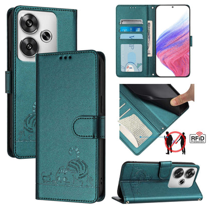 Xiaomi POCO F6 5G Leather Phone Case with Cat and Rat Embossed Pattern, RFID Protection, Card Holder Slots, Anti-fall Feature & Lanyard