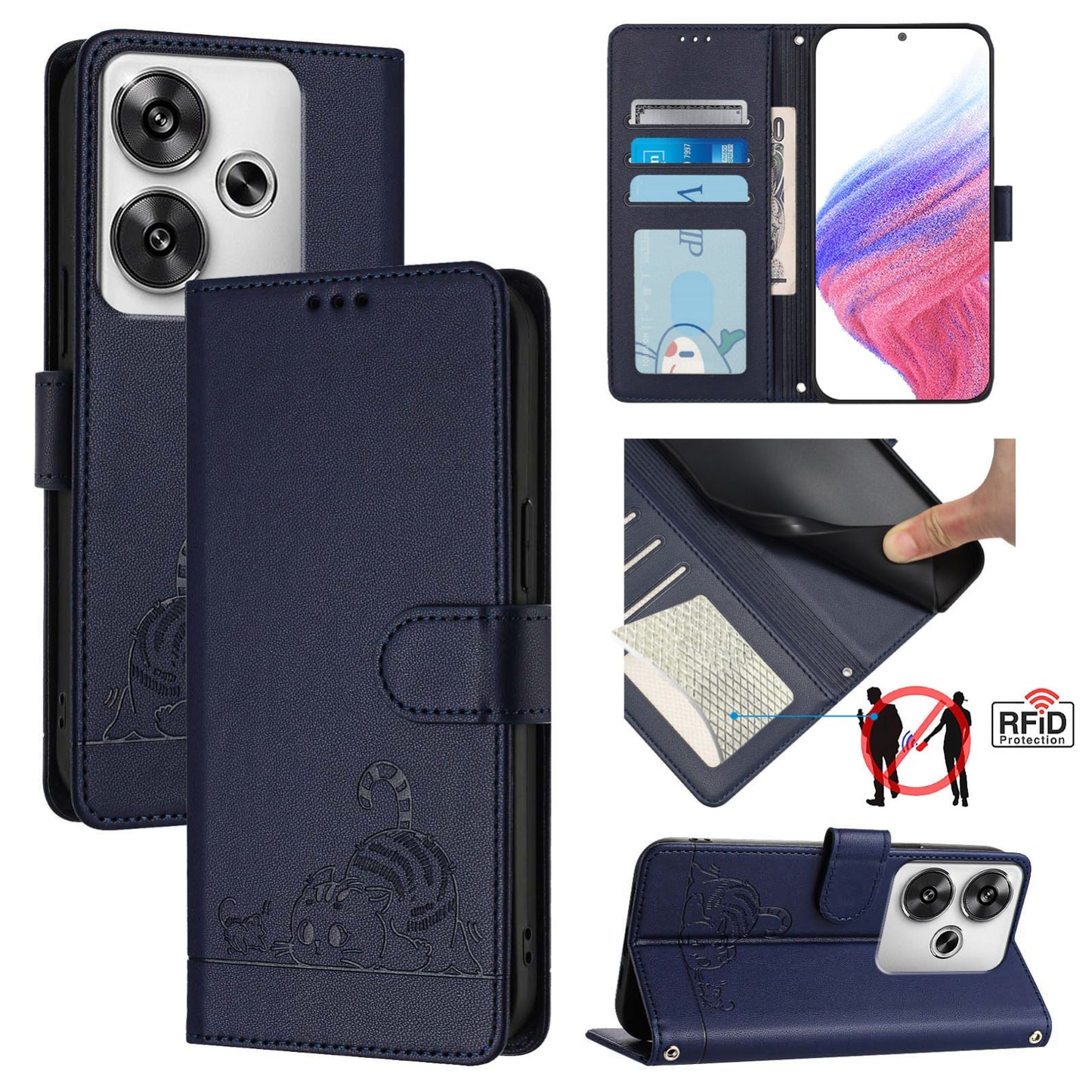 Xiaomi POCO F6 5G Leather Phone Case with Cat and Rat Embossed Pattern, RFID Protection, Card Holder Slots, Anti-fall Feature & Lanyard