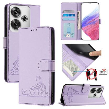 Xiaomi POCO F6 5G Leather Phone Case with Cat and Rat Embossed Pattern, RFID Protection, Card Holder Slots, Anti-fall Feature & Lanyard