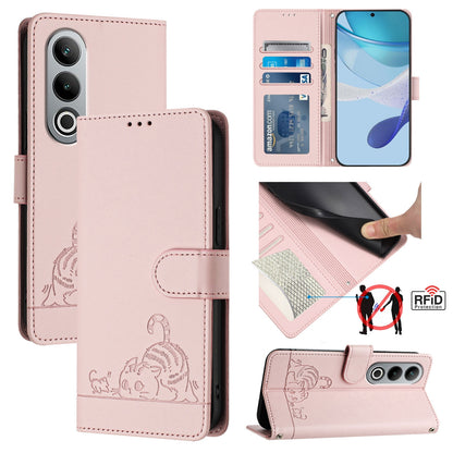 OnePlus Nord CE4 5G Leather Phone Case with Cat and Rat Embossed Pattern, RFID Protection, Card Holder Slots, Anti-fall Feature & Lanyard
