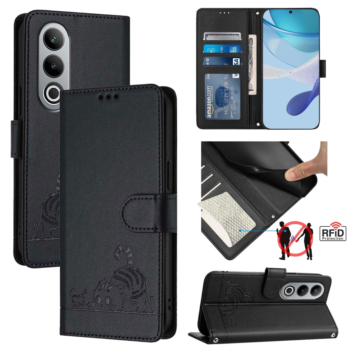 OnePlus Nord CE4 5G Leather Phone Case with Cat and Rat Embossed Pattern, RFID Protection, Card Holder Slots, Anti-fall Feature & Lanyard