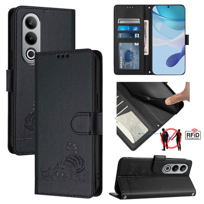 OnePlus Nord CE4 5G Leather Phone Case with Cat and Rat Embossed Pattern, RFID Protection, Card Holder Slots, Anti-fall Feature & Lanyard