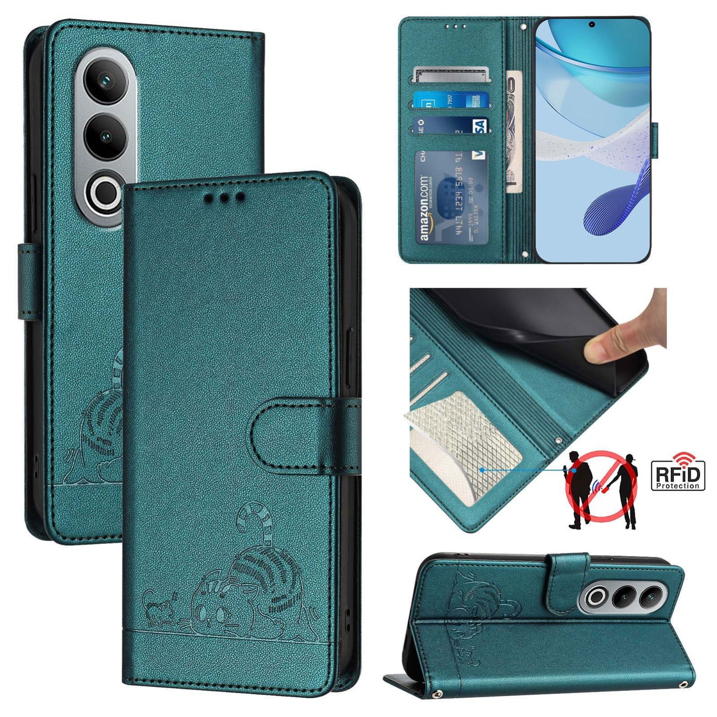OnePlus Nord CE4 5G Leather Phone Case with Cat and Rat Embossed Pattern, RFID Protection, Card Holder Slots, Anti-fall Feature & Lanyard