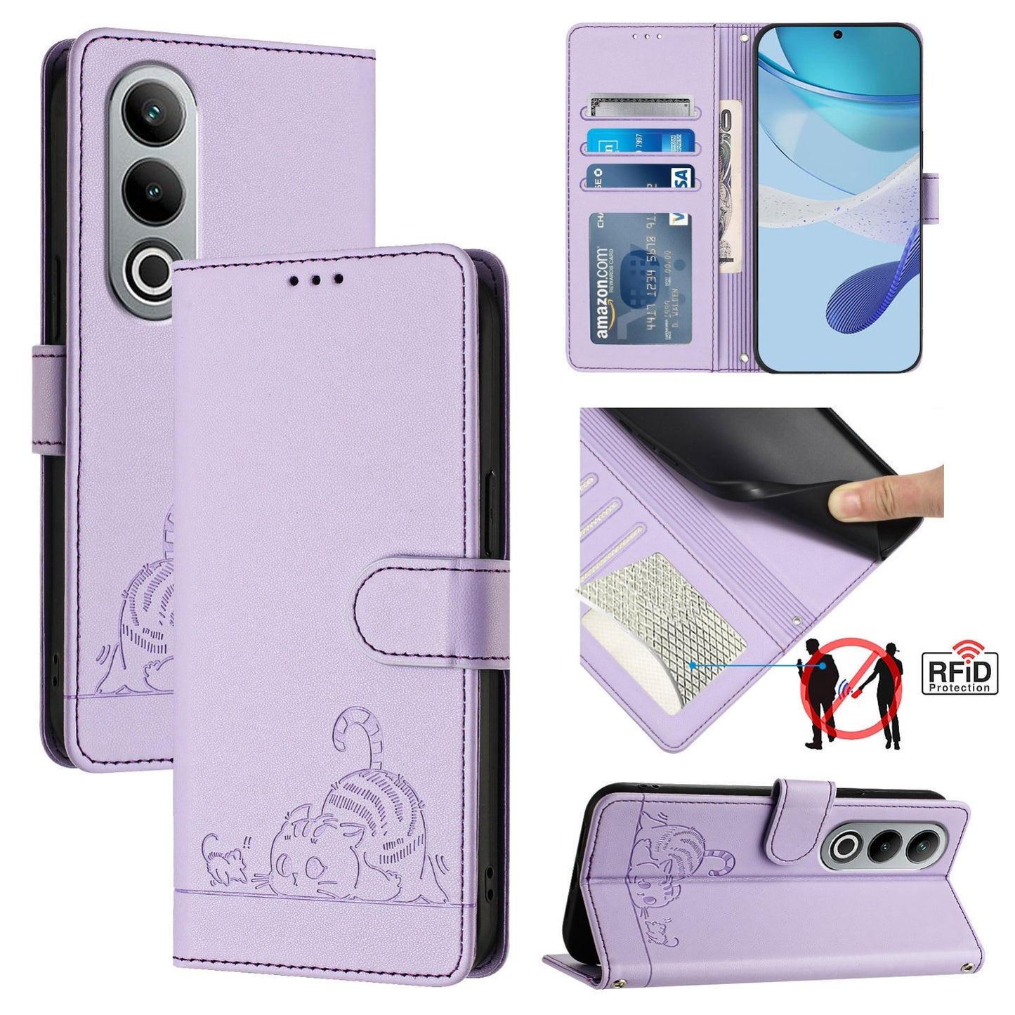 OnePlus Nord CE4 5G Leather Phone Case with Cat and Rat Embossed Pattern, RFID Protection, Card Holder Slots, Anti-fall Feature & Lanyard