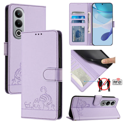 OnePlus Nord CE4 5G Leather Phone Case with Cat and Rat Embossed Pattern, RFID Protection, Card Holder Slots, Anti-fall Feature & Lanyard