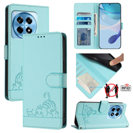 OnePlus 12R 5G Global Leather Phone Case with Cat and Rat Embossed Pattern, RFID Protection, Card Holder Slots, Anti-fall Feature & Lanyard