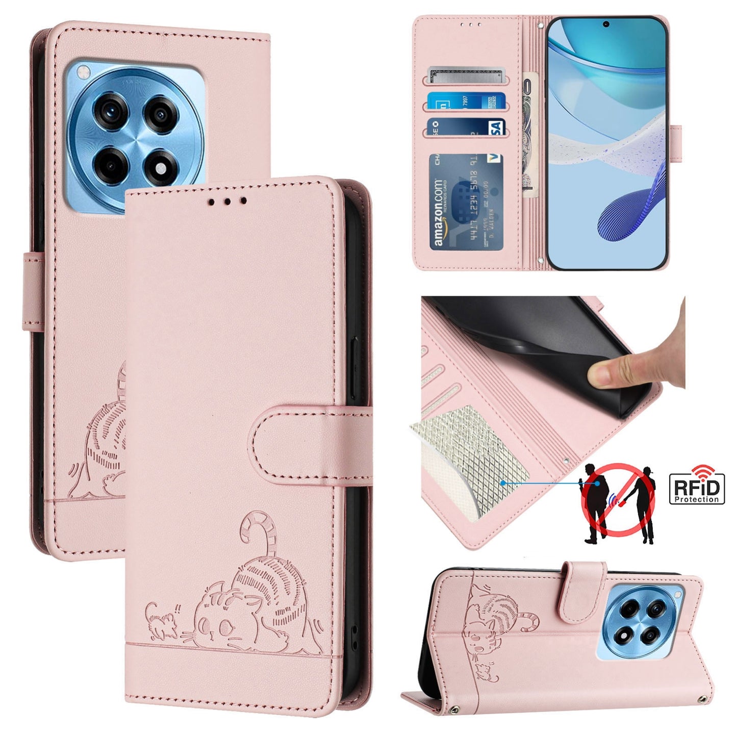 OnePlus 12R 5G Global Leather Phone Case with Cat and Rat Embossed Pattern, RFID Protection, Card Holder Slots, Anti-fall Feature & Lanyard