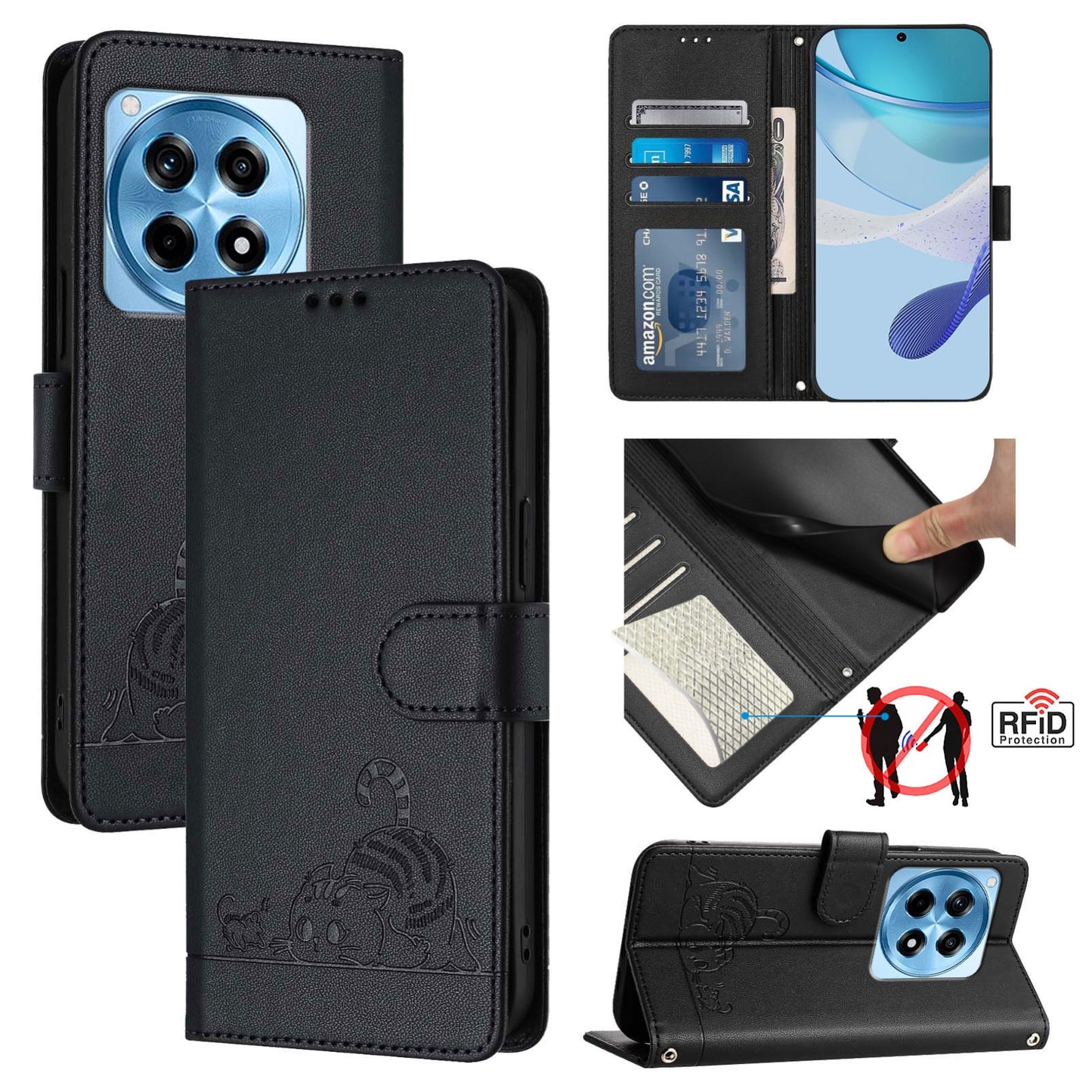 OnePlus 12R 5G Global Leather Phone Case with Cat and Rat Embossed Pattern, RFID Protection, Card Holder Slots, Anti-fall Feature & Lanyard