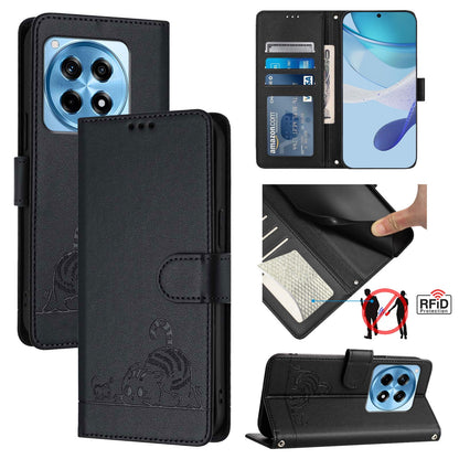 OnePlus 12R 5G Global Leather Phone Case with Cat and Rat Embossed Pattern, RFID Protection, Card Holder Slots, Anti-fall Feature & Lanyard