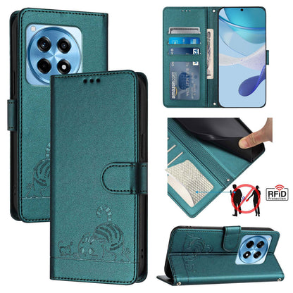 OnePlus 12R 5G Global Leather Phone Case with Cat and Rat Embossed Pattern, RFID Protection, Card Holder Slots, Anti-fall Feature & Lanyard