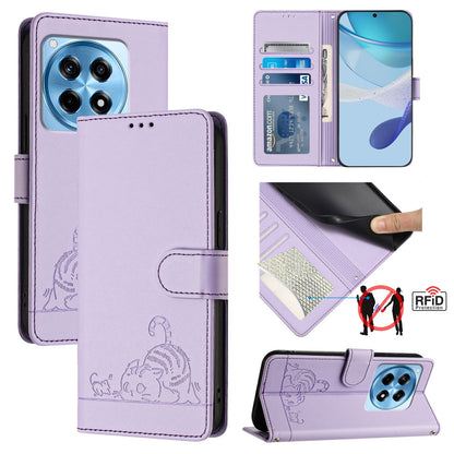 OnePlus 12R 5G Global Leather Phone Case with Cat and Rat Embossed Pattern, RFID Protection, Card Holder Slots, Anti-fall Feature & Lanyard