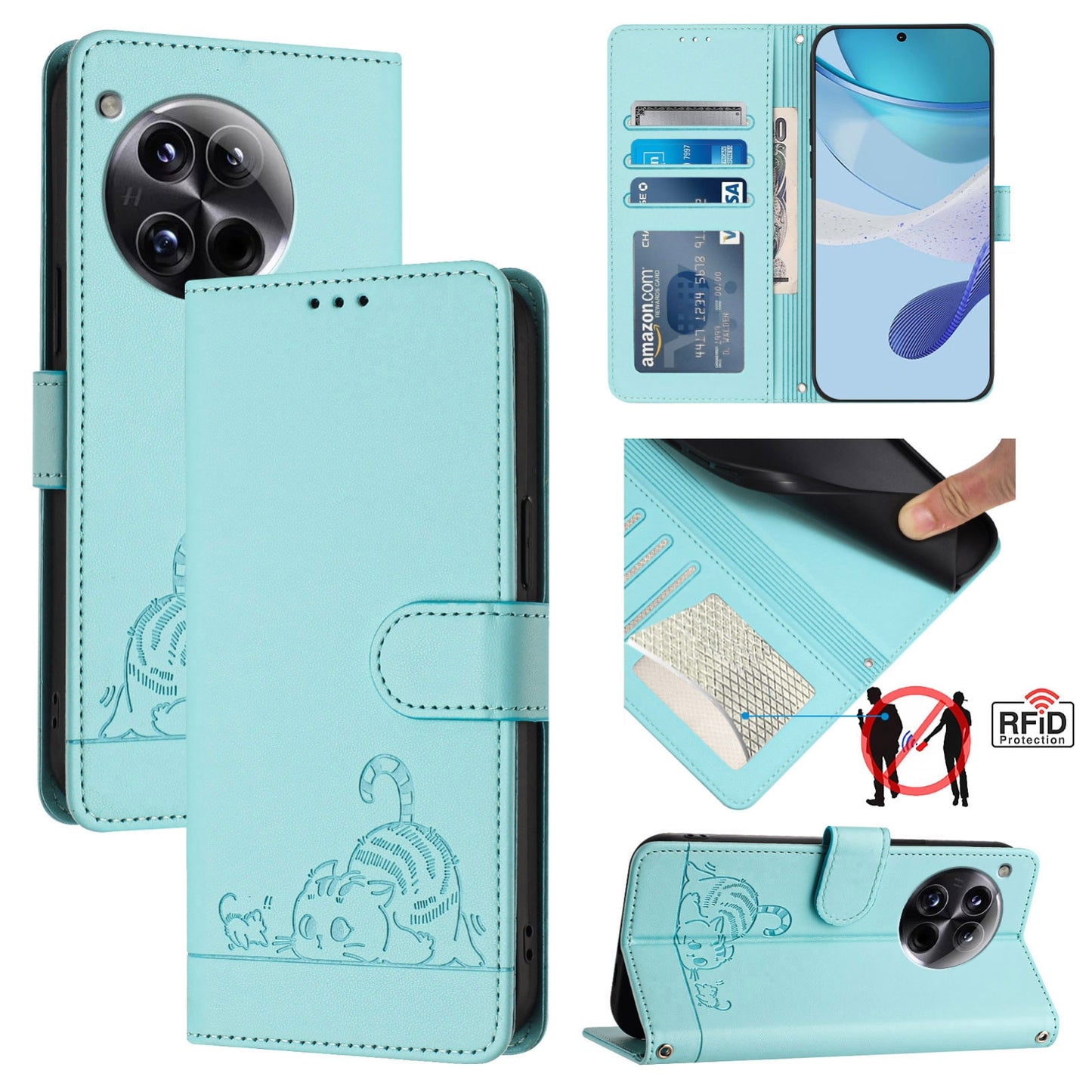 OnePlus 12 5G Leather Phone Case with Cat and Rat Embossed Pattern, RFID Protection, Card Holder Slots, Anti-fall Feature & Lanyard