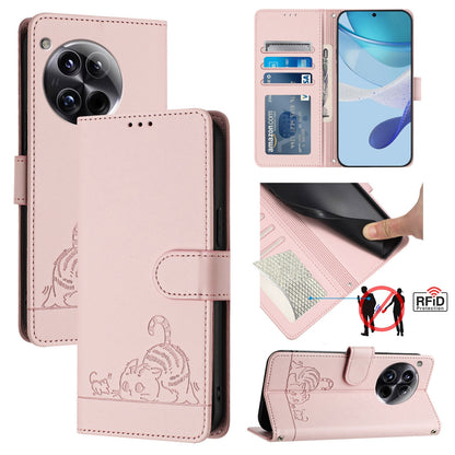 OnePlus 12 5G Leather Phone Case with Cat and Rat Embossed Pattern, RFID Protection, Card Holder Slots, Anti-fall Feature & Lanyard