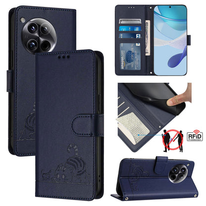 OnePlus 12 5G Leather Phone Case with Cat and Rat Embossed Pattern, RFID Protection, Card Holder Slots, Anti-fall Feature & Lanyard