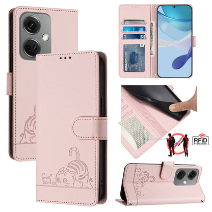 OnePlus Nord CE3 5G Leather Phone Case with Cat and Rat Embossed Pattern, RFID Protection, Card Holder Slots, Anti-fall Feature & Lanyard