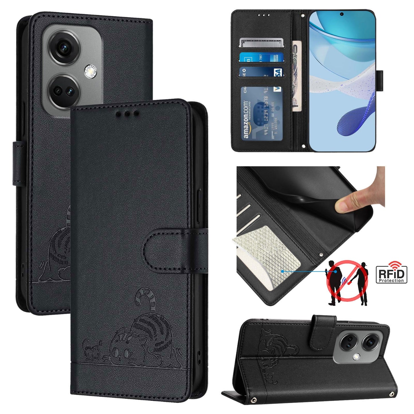OnePlus Nord CE3 5G Leather Phone Case with Cat and Rat Embossed Pattern, RFID Protection, Card Holder Slots, Anti-fall Feature & Lanyard
