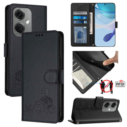 OnePlus Nord CE3 5G Leather Phone Case with Cat and Rat Embossed Pattern, RFID Protection, Card Holder Slots, Anti-fall Feature & Lanyard