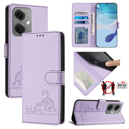 OnePlus Nord CE3 5G Leather Phone Case with Cat and Rat Embossed Pattern, RFID Protection, Card Holder Slots, Anti-fall Feature & Lanyard