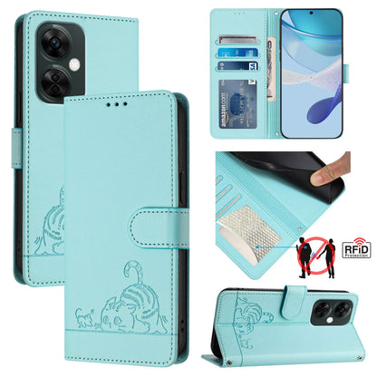 OnePlus Nord N30 Leather Phone Case with Cat and Rat Embossed Pattern, RFID Protection, Card Holder Slots, Anti-fall Feature & Lanyard