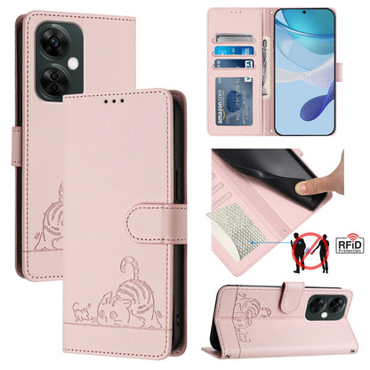 OnePlus Nord N30 Leather Phone Case with Cat and Rat Embossed Pattern, RFID Protection, Card Holder Slots, Anti-fall Feature & Lanyard