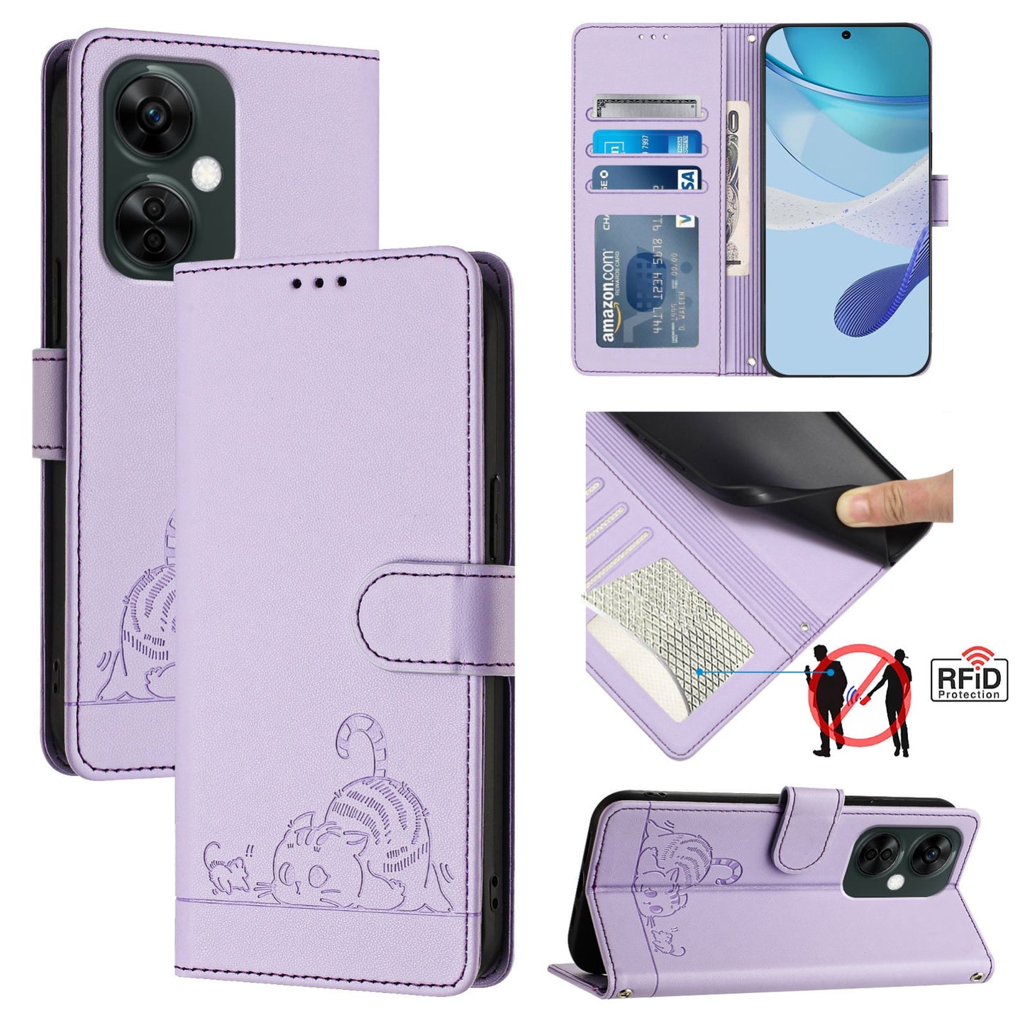 OnePlus Nord N30 Leather Phone Case with Cat and Rat Embossed Pattern, RFID Protection, Card Holder Slots, Anti-fall Feature & Lanyard
