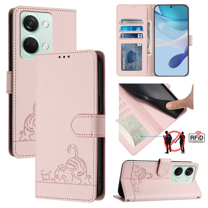 OnePlus Ace 2V Leather Phone Case with Cat and Rat Embossed Pattern, RFID Protection, Card Holder Slots, Anti-fall Feature & Lanyard