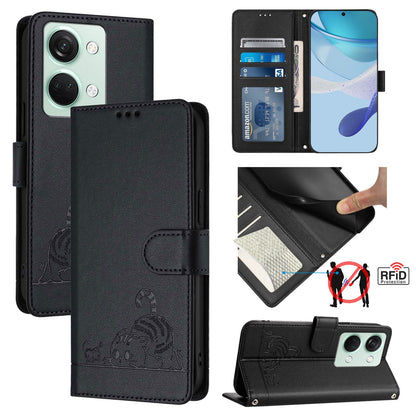 OnePlus Nord 3 Leather Phone Case with Cat and Rat Embossed Pattern, RFID Protection, Card Holder Slots, Anti-fall Feature & Lanyard