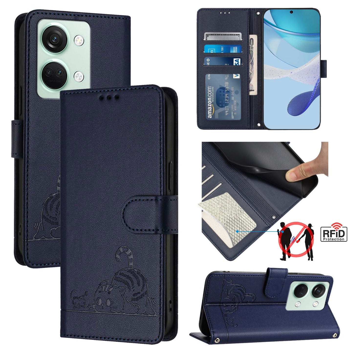 OnePlus Ace 2V Leather Phone Case with Cat and Rat Embossed Pattern, RFID Protection, Card Holder Slots, Anti-fall Feature & Lanyard