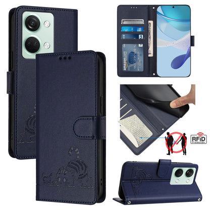 OnePlus Ace 2V Leather Phone Case with Cat and Rat Embossed Pattern, RFID Protection, Card Holder Slots, Anti-fall Feature & Lanyard