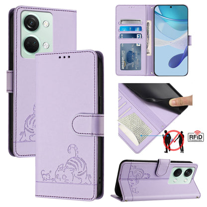 OnePlus Ace 2V Leather Phone Case with Cat and Rat Embossed Pattern, RFID Protection, Card Holder Slots, Anti-fall Feature & Lanyard