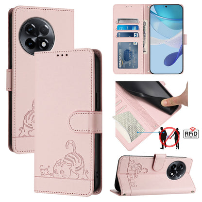 OnePlus 11R 5G Global Leather Phone Case with Cat and Rat Embossed Pattern, RFID Protection, Card Holder Slots, Anti-fall Feature & Lanyard