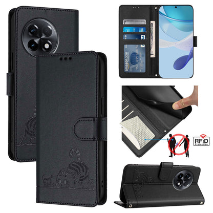 OnePlus 11R 5G Global Leather Phone Case with Cat and Rat Embossed Pattern, RFID Protection, Card Holder Slots, Anti-fall Feature & Lanyard
